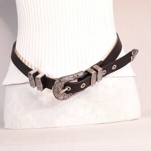 Southwestern Style Double Double Loop Belt Womens ML Black Faux Leather